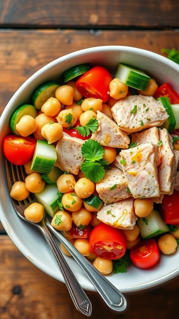 A colorful Tuna and Chickpea Salad in a bowl, showcasing tuna, chickpeas, tomatoes, cucumbers, and parsley.